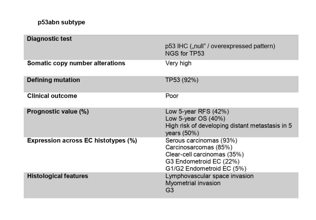 Table 1. p53abn important features (IHC – immunohistochemistry, NGS – next generation sequencing, RFS – recurrence free survival, EC – endometrial cancer, OS – overall survival)
